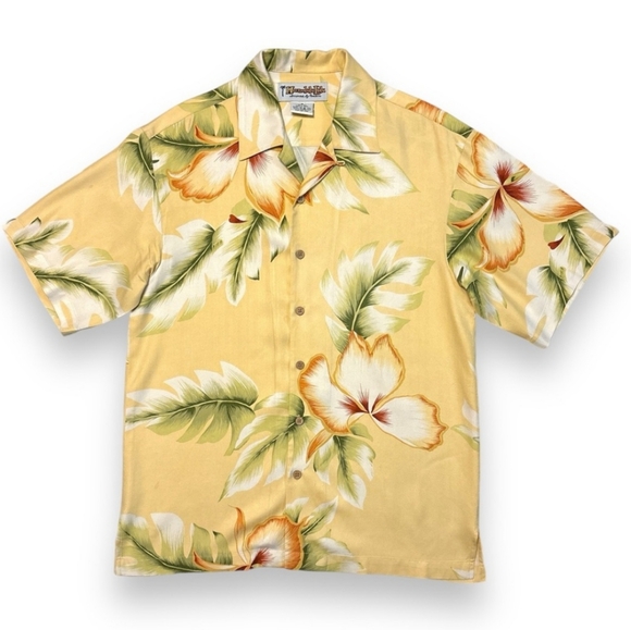 HONOLULU LULU Yellow Floral Print Short Sleeve Hawaiian Shirt 100% silk - Picture 1 of 6